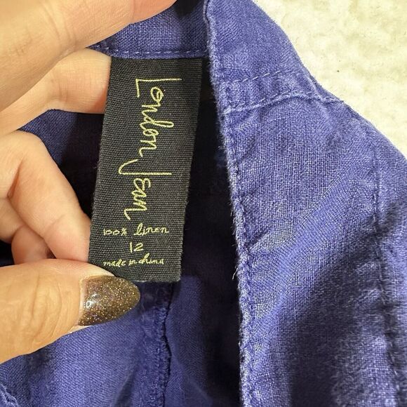 London Jean 100% Linen Pants Womans 12 Solid Blue Zip Button Pockets Wide Flare - Picture 3 of 7